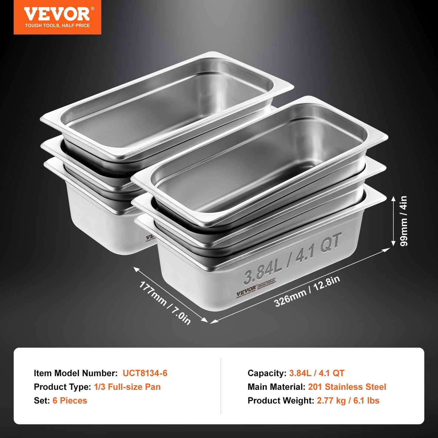 6 Pack Hotel Pans, 1/3 Size Anti-Jam Steam Pan, 0.8mm Thick Stainless Steel Restaurant Steam Table Pan, 4-Inch Deep Commercial Table Pan, Catering Storage Food Pan, for Industrial & Scientific