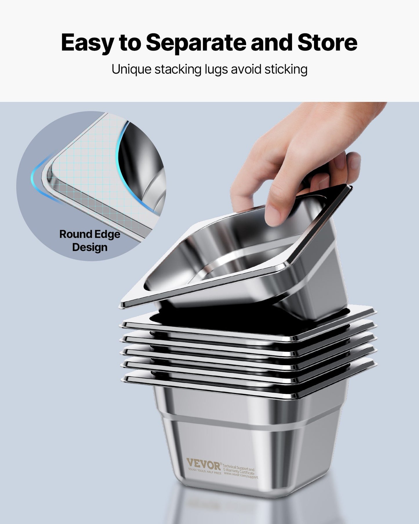 Stainless Steam Hotel Pans, 1/6 Size x 100mm Deep, 1.7L Table Steam Pan, Anti Jam Restaurant Supplies Reusable Rustproof Catering Storage for Home, Party, Restaurant, Hotel, Buffet, 6 Pack