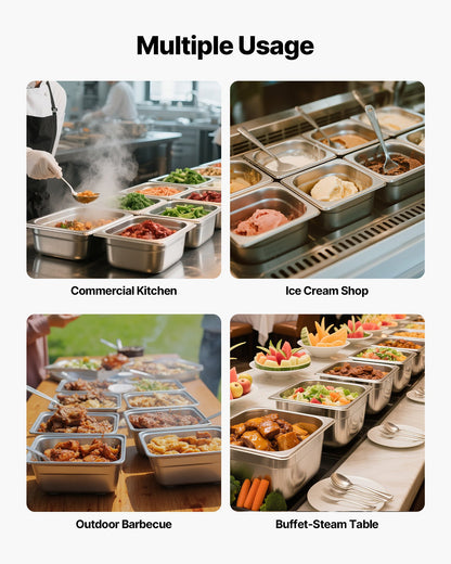 Stainless Steam Hotel Pans, 1/6 Size x 100mm Deep, 1.7L Table Steam Pan, Anti Jam Restaurant Supplies Reusable Rustproof Catering Storage for Home, Party, Restaurant, Hotel, Buffet, 6 Pack