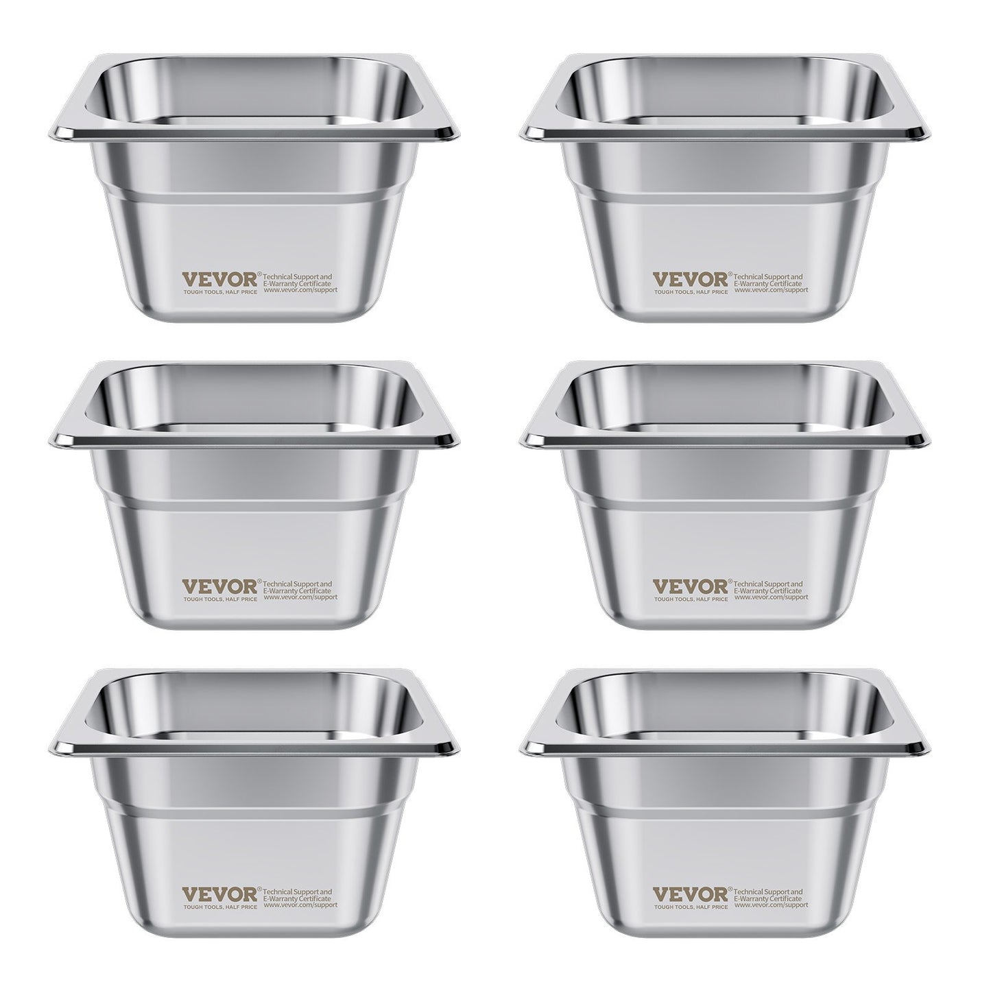 Stainless Steam Hotel Pans, 1/6 Size x 100mm Deep, 1.7L Table Steam Pan, Anti Jam Restaurant Supplies Reusable Rustproof Catering Storage for Home, Party, Restaurant, Hotel, Buffet, 6 Pack