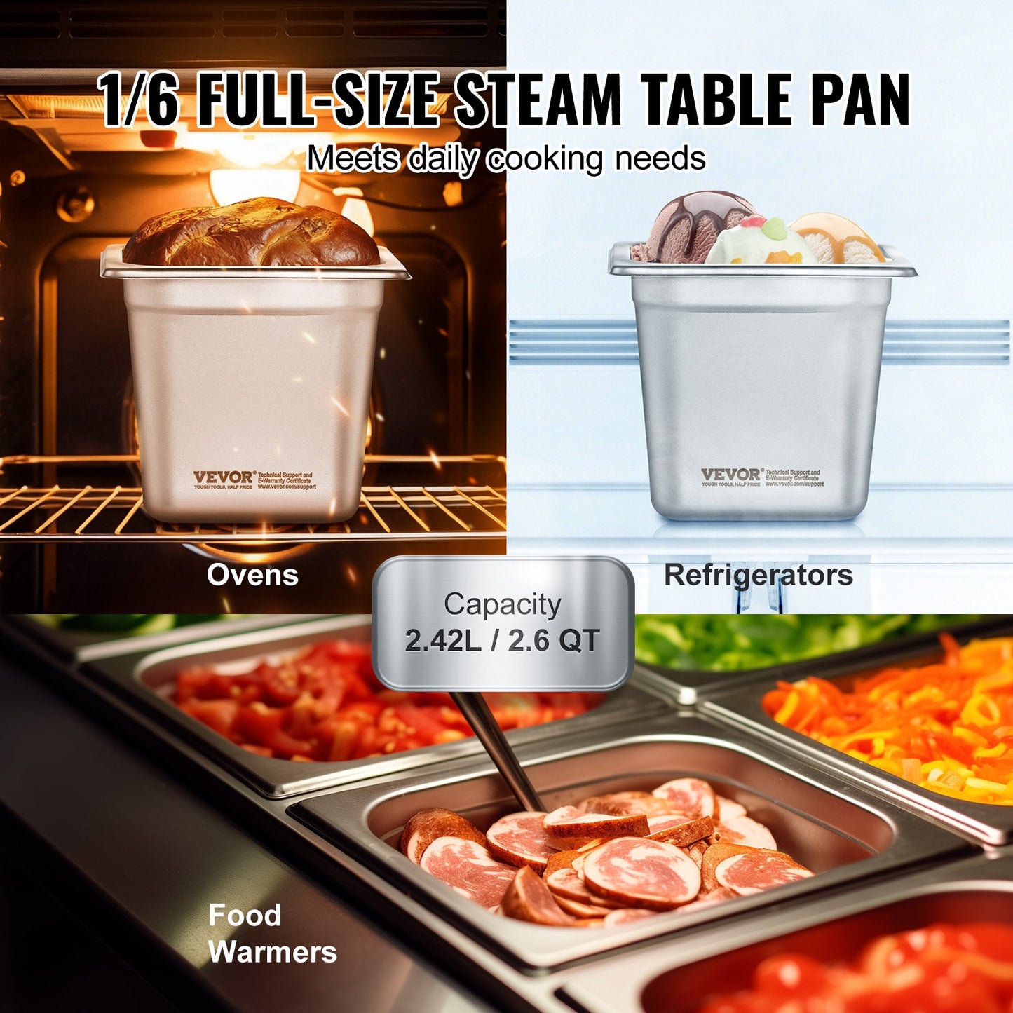 6 Pack Hotel Pans, 1/6 Size Anti-Jam Steam Pan, 0.8mm Thick Stainless Steel Restaurant Steam Table Pan, 6-Inch Deep Commercial Table Pan, Catering Storage Food Pan, for Industrial & Scientific