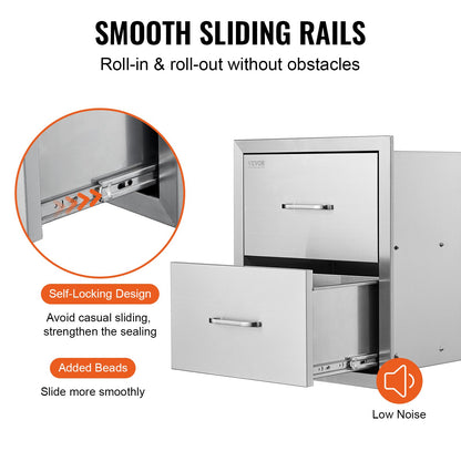 Utomhuskökslådor 18B x 20,6H x 12,7D tum, infällda dubbla grilllådor i rostfritt stål med handtag, grillö för utomhuskök eller uteplatsgrillstation