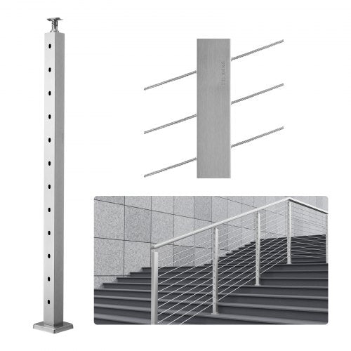 Cable Railing Post, 42" x 2" x 2" Steel 30° Angled Hole Stair Railing Post, 12 Pre-Drilled Holes, SUS304 Stainless Steel Cable Rail Post with Horizontal and Curved Bracket, 1JZLGZ1067556VUN5V0