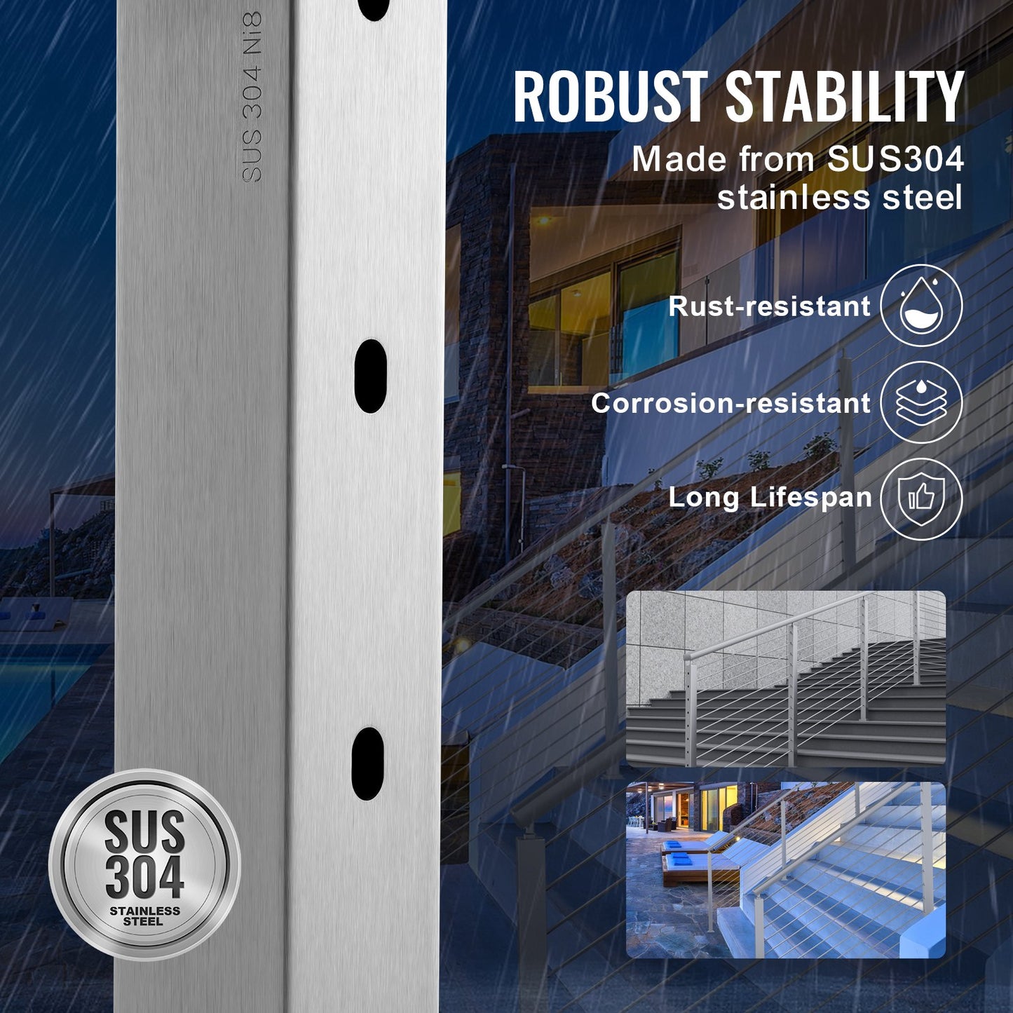 Kabelräckesstolpe, 42" x 2" x 2" stål, 30° vinklat hål, 12 förborrade hål, kabelräckesstolpe i rostfritt stål SUS304 med horisontellt och böjt fäste, 1JZLGZ1067556VUN5V0