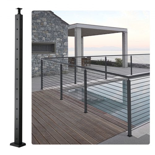Cable Railing Post, 42" x 1" x 2" Steel L-Shaped Hole Corner Railing Post, 12 Pre-Drilled Holes, SUS304 Stainless Steel Cable Rail Post with Horizontal and Curved Bracket, 1-Pack, Black