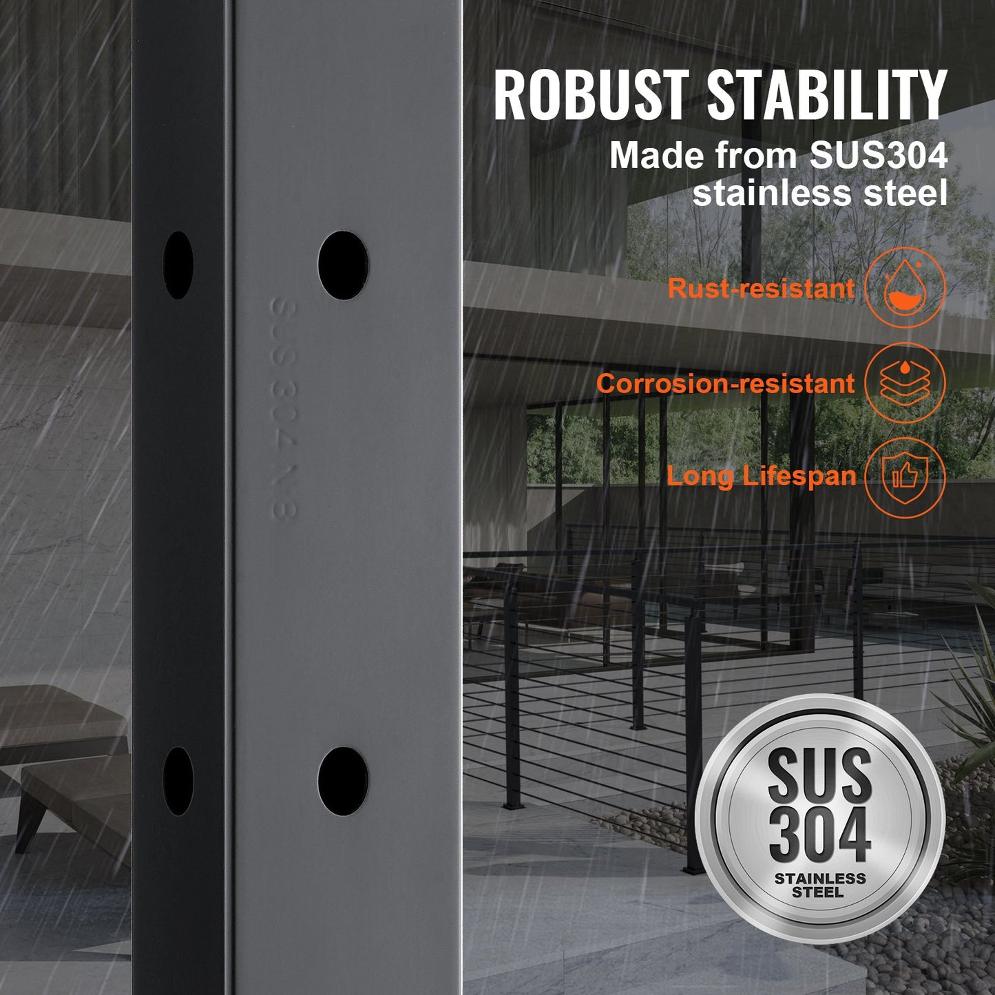 Cable Railing Post, 42" x 1" x 2" Steel L-Shaped Hole Corner Railing Post, 12 Pre-Drilled Holes, SUS304 Stainless Steel Cable Rail Post with Horizontal and Curved Bracket, 1-Pack, Black