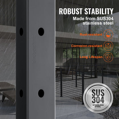 Cable Railing Post, 42" x 1" x 2" Steel L-Shaped Hole Corner Railing Post, 12 Pre-Drilled Holes, SUS304 Stainless Steel Cable Rail Post with Horizontal and Curved Bracket, 1-Pack, Black