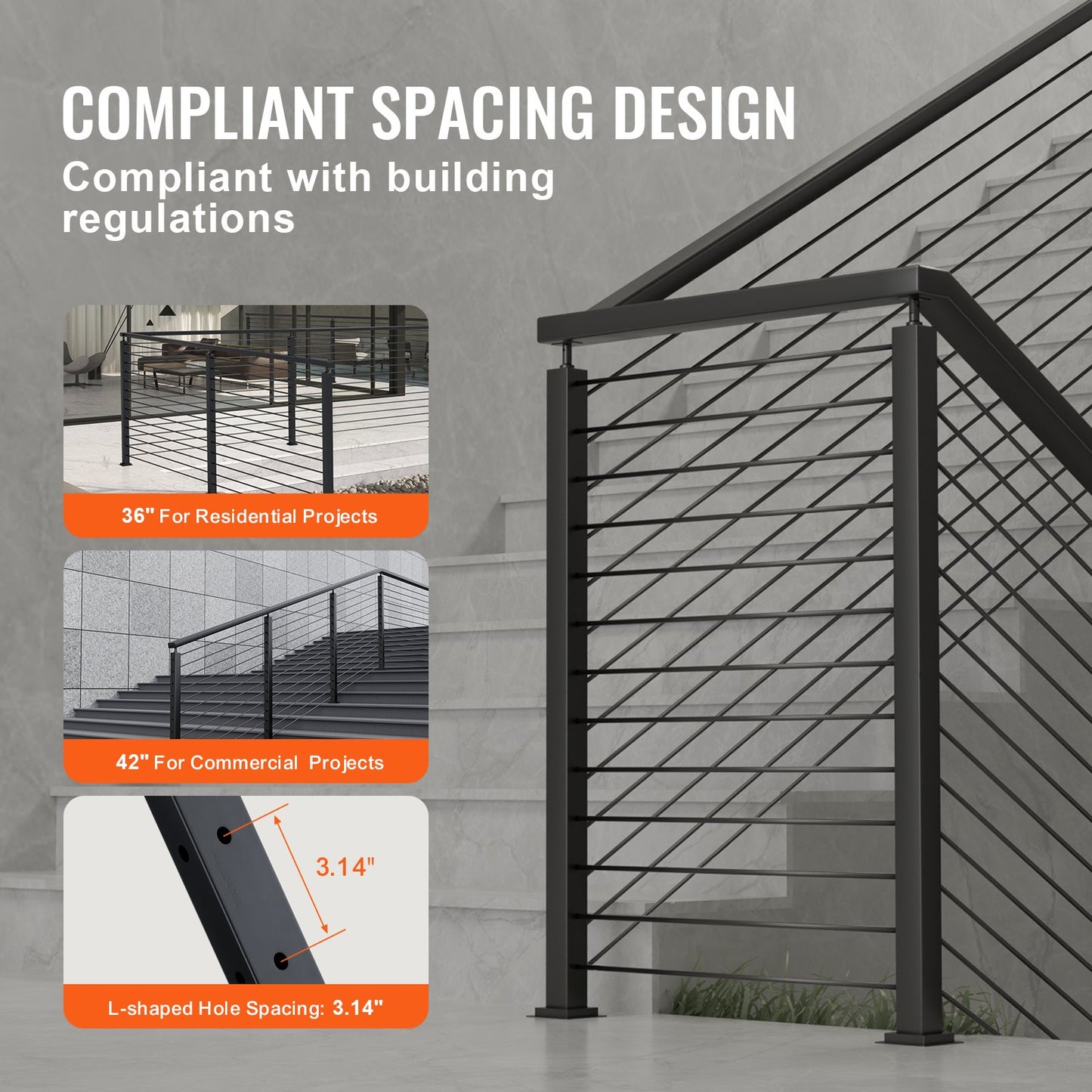 Cable Railing Post, 42" x 1" x 2" Steel L-Shaped Hole Corner Railing Post, 12 Pre-Drilled Holes, SUS304 Stainless Steel Cable Rail Post with Horizontal and Curved Bracket, 1-Pack, Black