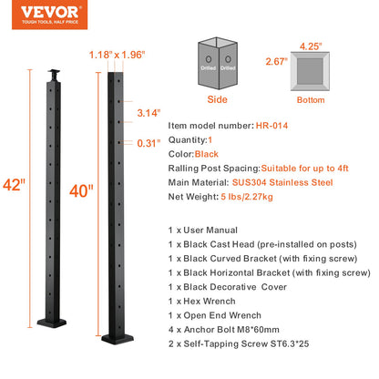 Cable Railing Post, 42" x 1" x 2" Steel L-Shaped Hole Corner Railing Post, 12 Pre-Drilled Holes, SUS304 Stainless Steel Cable Rail Post with Horizontal and Curved Bracket, 1-Pack, Black