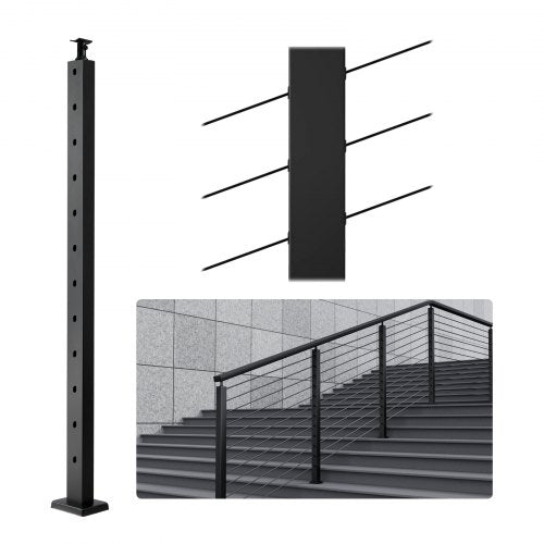 Cable Railing Post, 42" x 1" x 2" Steel 30° Angled Hole Stair Railing Post, 12 Pre-Drilled Holes, SUS304 Stainless Steel Cable Rail Post with Horizontal and Curved Bracket, 1JZLGZHS1067HNEKBV0