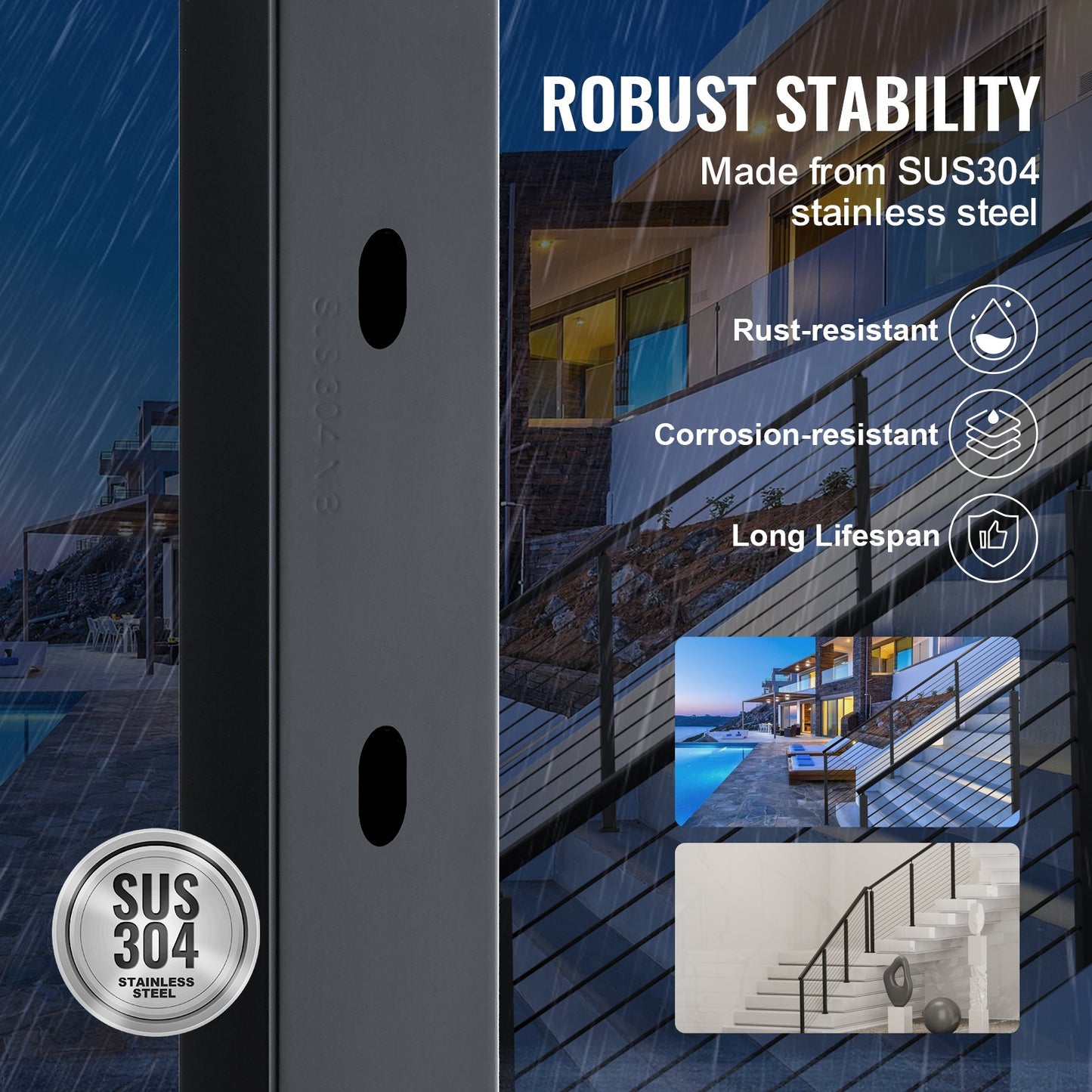 Cable Railing Post, 42" x 1" x 2" Steel 30° Angled Hole Stair Railing Post, 12 Pre-Drilled Holes, SUS304 Stainless Steel Cable Rail Post with Horizontal and Curved Bracket, 1JZLGZHS1067HNEKBV0