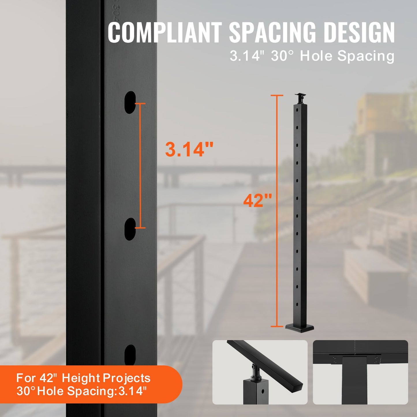 Cable Railing Post, 42" x 1" x 2" Steel 30° Angled Hole Stair Railing Post, 12 Pre-Drilled Holes, SUS304 Stainless Steel Cable Rail Post with Horizontal and Curved Bracket, 1JZLGZHS1067HNEKBV0