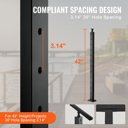 Cable Railing Post, 42" x 1" x 2" Steel 30° Angled Hole Stair Railing Post, 12 Pre-Drilled Holes, SUS304 Stainless Steel Cable Rail Post with Horizontal and Curved Bracket, 1JZLGZHS1067HNEKBV0