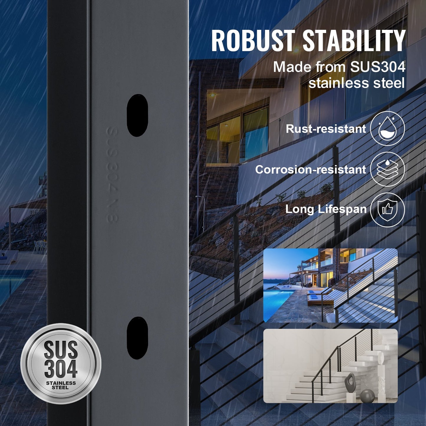 Kabelräckesstolpe, 91 cm x 2 cm x 5 cm stål, 30° vinklade hål, 10 förborrade hål, kabelräckesstolpe i rostfritt stål SUS304 med horisontellt och böjt fäste, 1JZLGZHS91424HS5GV0