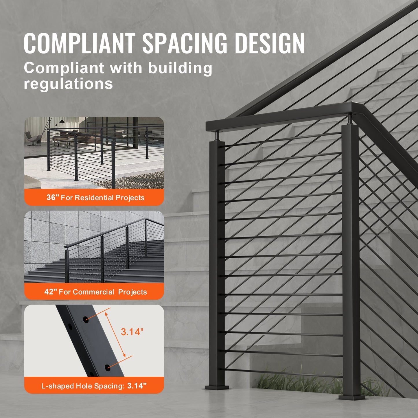 Cable Railing Post, 36" x 1" x 2" Steel L-Shaped Hole Corner Railing Post, 10 Pre-Drilled Holes, SUS304 Stainless Steel Cable Rail Post with Horizontal and Curved Bracket, 1JZLGZHS9142UYBR4V0