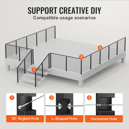 Cable Railing Post, 36" x 1" x 2" Steel L-Shaped Hole Corner Railing Post, 10 Pre-Drilled Holes, SUS304 Stainless Steel Cable Rail Post with Horizontal and Curved Bracket, 1JZLGZHS9142UYBR4V0