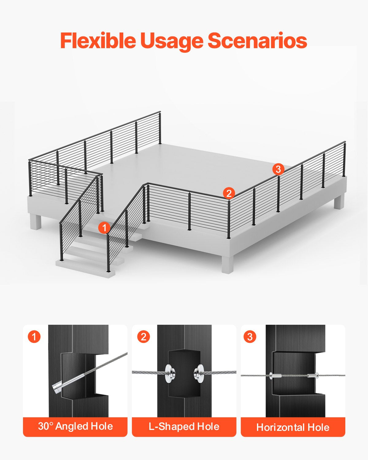 Cable Railing Post, 42x1x2 Inch Corner Railing Post, with L-Shaped Pre-Drilled Holes, Stainless Steel Cable Rail Post with Horizontal and Curved Bracket, 1-Pack, Black, 1JZLGZXHS10607YXO001V0