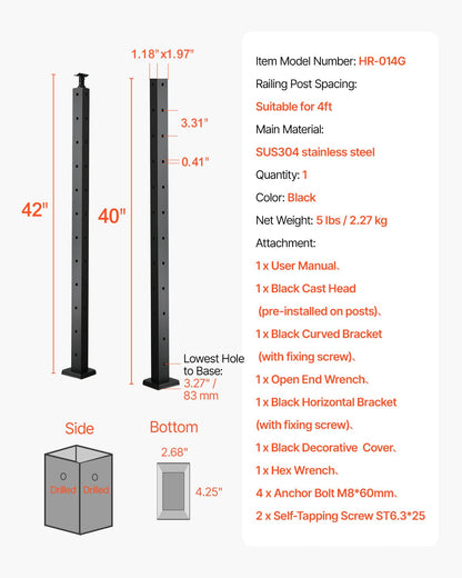 Cable Railing Post, 42x1x2 Inch Corner Railing Post, with L-Shaped Pre-Drilled Holes, Stainless Steel Cable Rail Post with Horizontal and Curved Bracket, 1-Pack, Black, 1JZLGZXHS10607YXO001V0