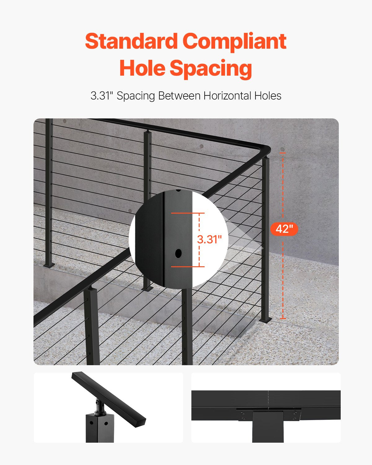 Kabelräckesstolpe, 42x2x2 tums hörnräckesstolpe, med L-formade förborrade hål, kabelräckesstolpe i rostfritt stål med horisontellt och böjt fäste, 1-pack, svart, 1JZLGZXHS1065S1EW001V0