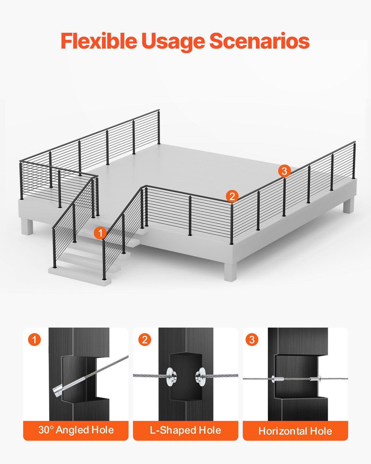 Kabelräckesstolpe, 42x2x2 tums hörnräckesstolpe, med L-formade förborrade hål, kabelräckesstolpe i rostfritt stål med horisontellt och böjt fäste, 1-pack, svart, 1JZLGZXHS1065S1EW001V0