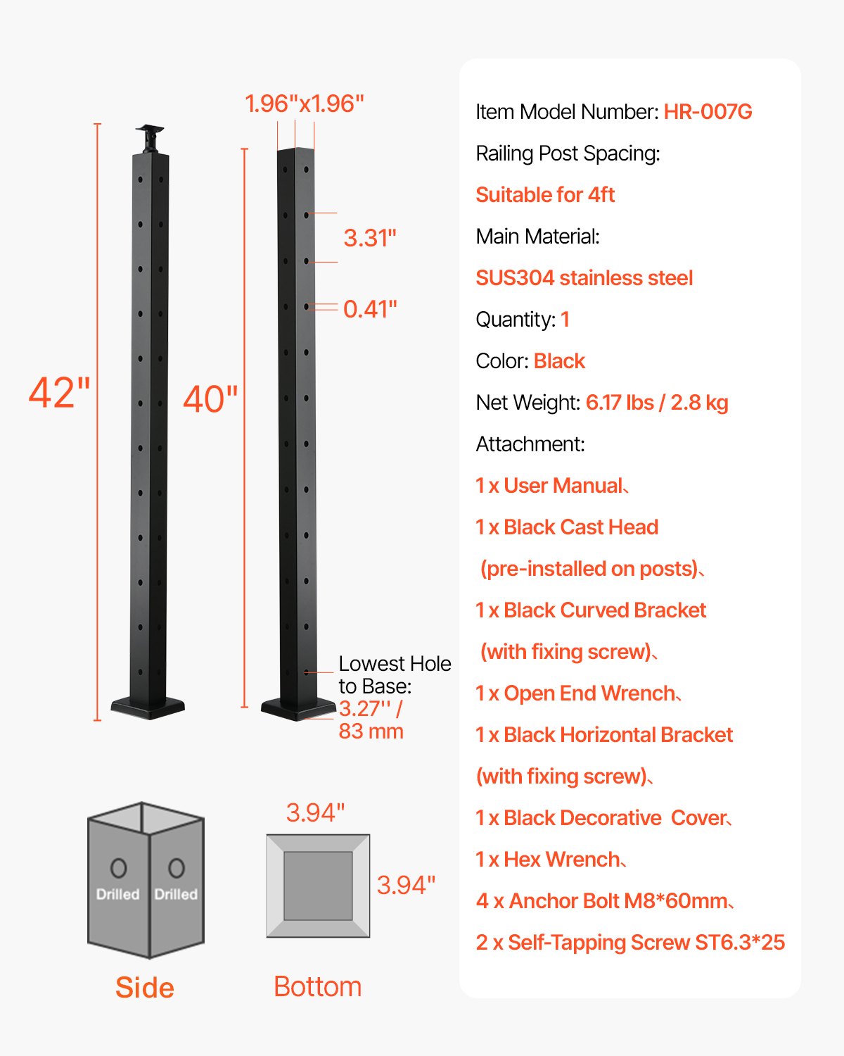 Kabelräckesstolpe, 42x2x2 tums hörnräckesstolpe, med L-formade förborrade hål, kabelräckesstolpe i rostfritt stål med horisontellt och böjt fäste, 1-pack, svart, 1JZLGZXHS1065S1EW001V0