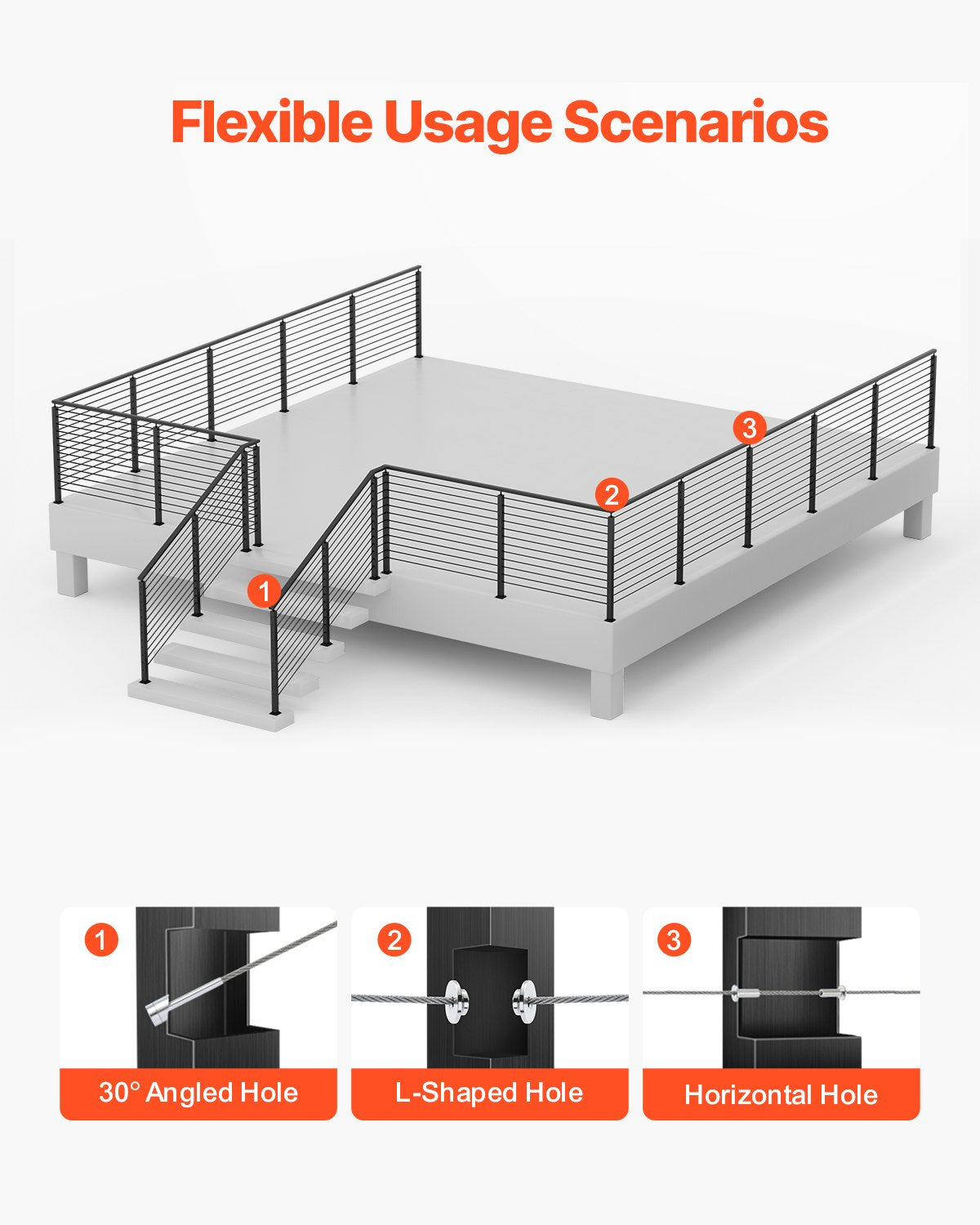 Cable Railing Post, 42x2x2 Inch Level Deck Stair Posts, 1-Pack Stainless Steel Cable Handrail Post, Pre-Drilled Pickets with Mounting Bracket Stair Railing Kit, Black, 1JZLGZXHS106AWJO6001V0