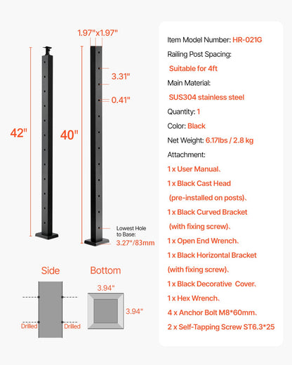 Cable Railing Post, 42x2x2 Inch Level Deck Stair Posts, 1-Pack Stainless Steel Cable Handrail Post, Pre-Drilled Pickets with Mounting Bracket Stair Railing Kit, Black, 1JZLGZXHS106AWJO6001V0