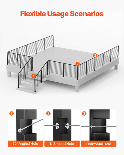 Cable Railing Post, 42x1x2 Inch Stair Railing Post, with Pre-Drilled 30° Angled Holes, Stainless Steel Cable Rail Post with Horizontal and Curved Bracket, 1-Pack, Black, 1JZLGZXHS106VRA3X001V0