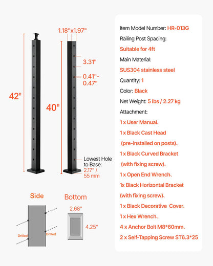 Cable Railing Post, 42x1x2 Inch Stair Railing Post, with Pre-Drilled 30° Angled Holes, Stainless Steel Cable Rail Post with Horizontal and Curved Bracket, 1-Pack, Black, 1JZLGZXHS106VRA3X001V0