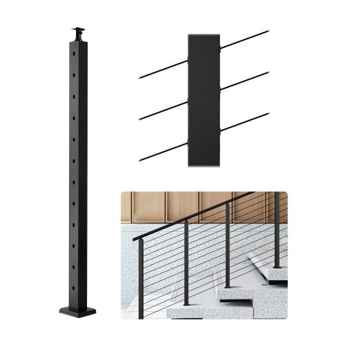 Cable Railing Post, 42x2x2 Inch Stair Railing Post, with Pre-Drilled 30° Angled Holes, Stainless Steel Cable Rail Post with Horizontal and Curved Bracket, 1-Pack, Black, 1JZLGZXHS106W3XAA001V0
