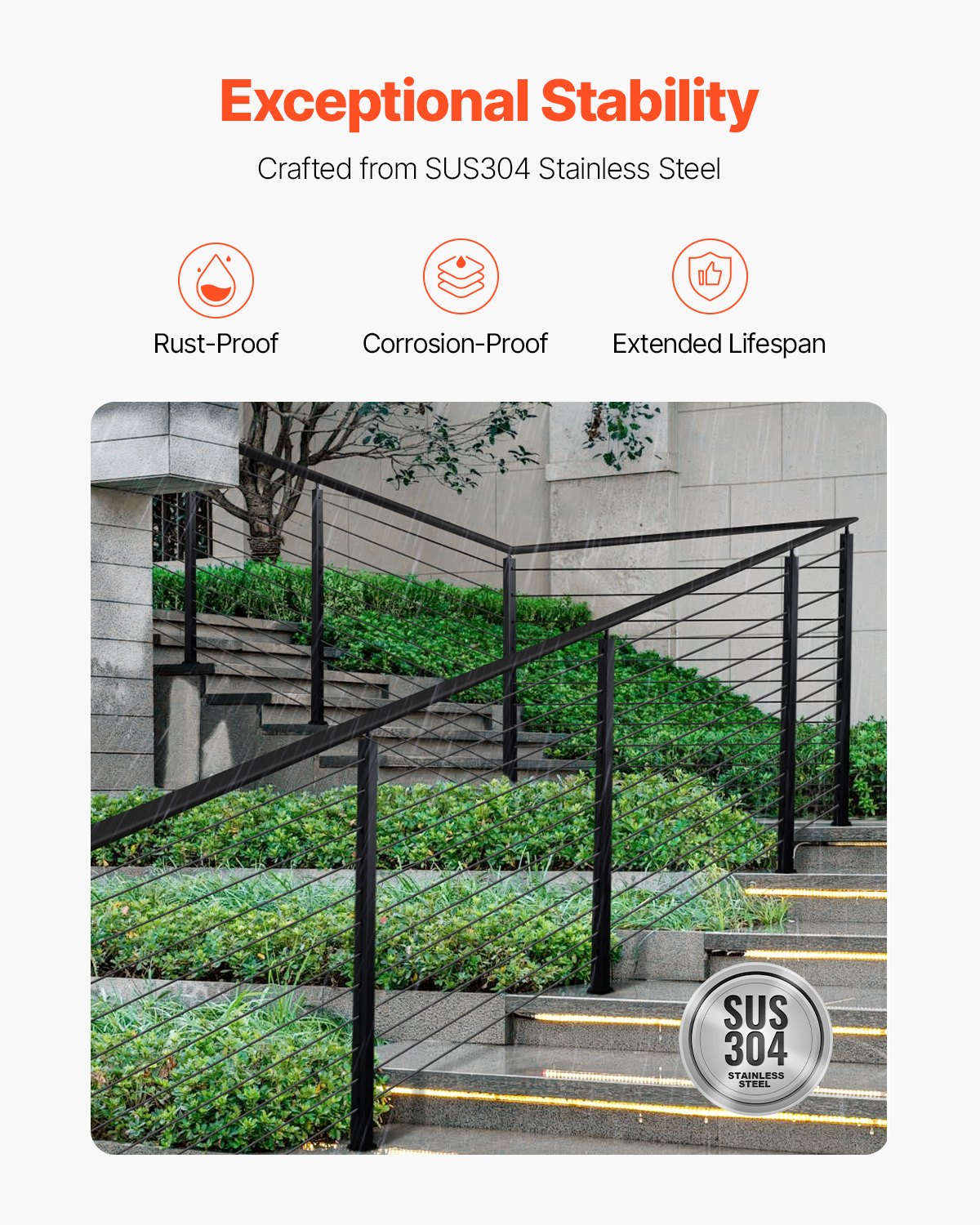 Cable Railing Post, 42x2x2 Inch Stair Railing Post, with Pre-Drilled 30° Angled Holes, Stainless Steel Cable Rail Post with Horizontal and Curved Bracket, 1-Pack, Black, 1JZLGZXHS106W3XAA001V0