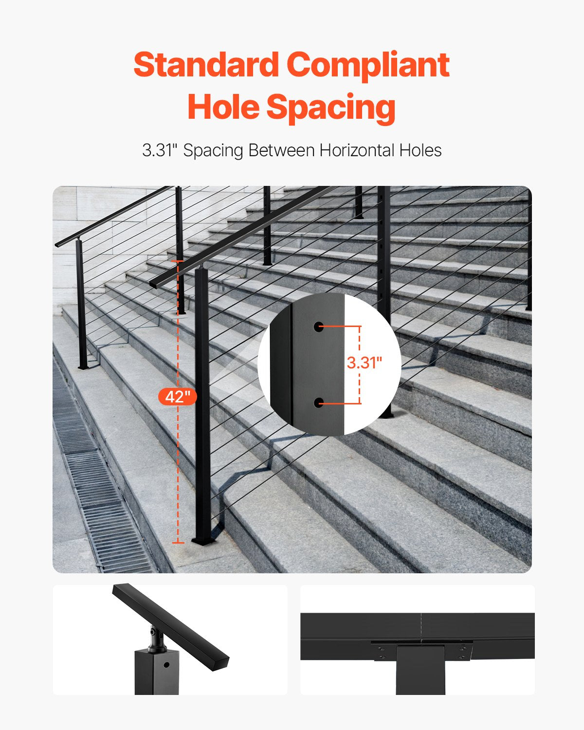 Cable Railing Post, 42x2x2 Inch Stair Railing Post, with Pre-Drilled 30° Angled Holes, Stainless Steel Cable Rail Post with Horizontal and Curved Bracket, 1-Pack, Black, 1JZLGZXHS106W3XAA001V0