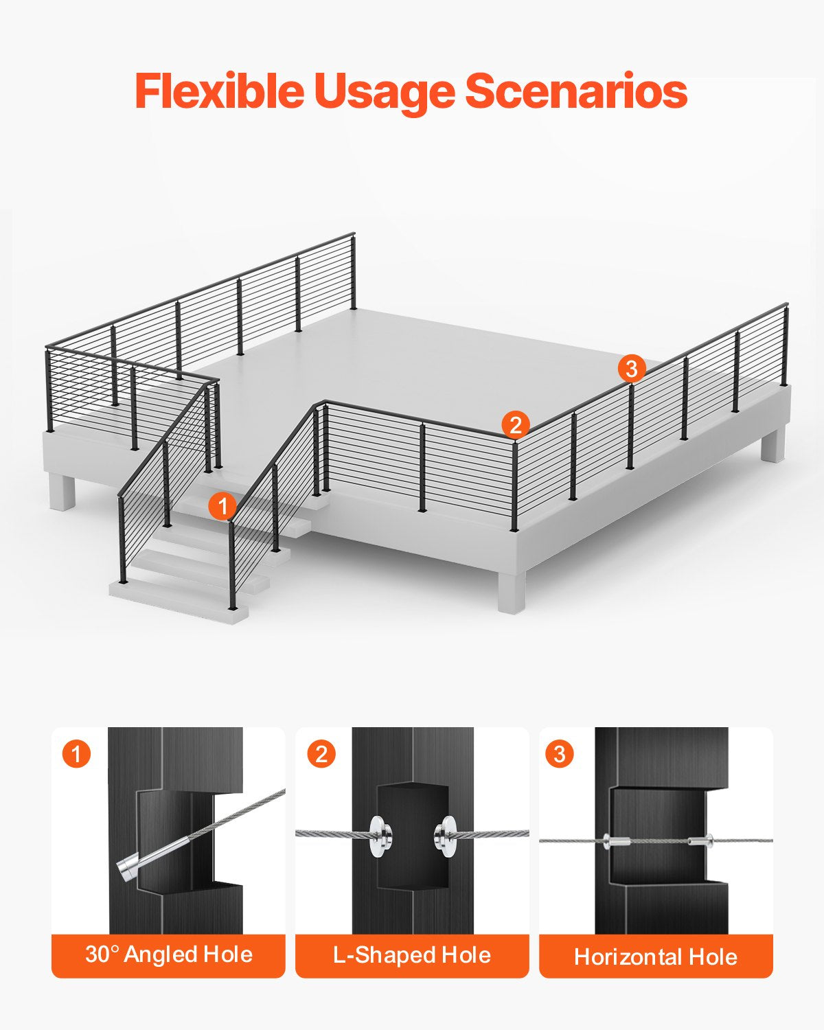 Cable Railing Post, 42x2x2 Inch Stair Railing Post, with Pre-Drilled 30° Angled Holes, Stainless Steel Cable Rail Post with Horizontal and Curved Bracket, 1-Pack, Black, 1JZLGZXHS106W3XAA001V0