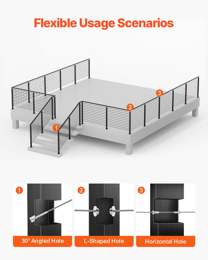 Cable Railing Post, 42x2x2 Inch Stair Railing Post, with Pre-Drilled 30° Angled Holes, Stainless Steel Cable Rail Post with Horizontal and Curved Bracket, 1-Pack, Black, 1JZLGZXHS106W3XAA001V0