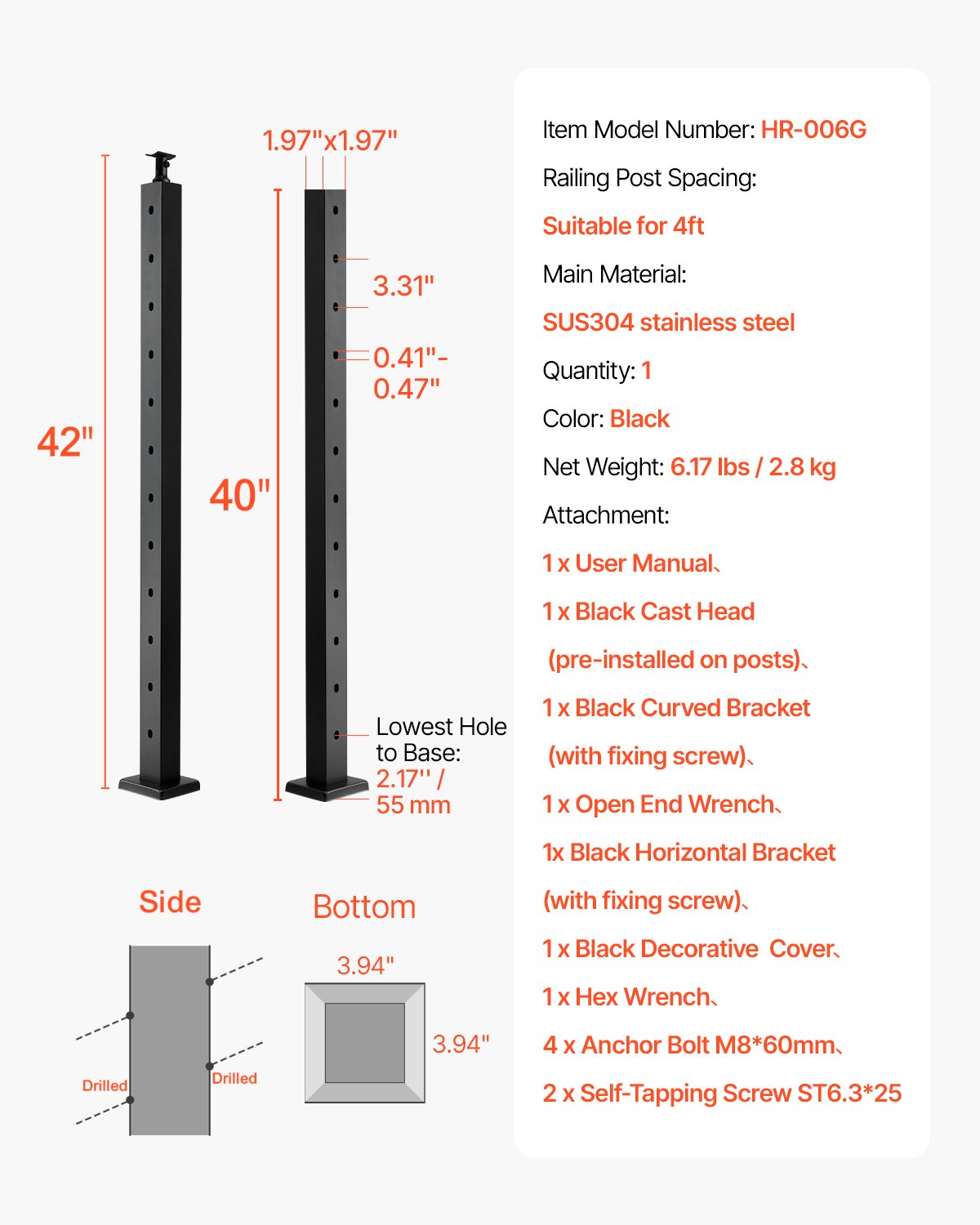 Cable Railing Post, 42x2x2 Inch Stair Railing Post, with Pre-Drilled 30° Angled Holes, Stainless Steel Cable Rail Post with Horizontal and Curved Bracket, 1-Pack, Black, 1JZLGZXHS106W3XAA001V0