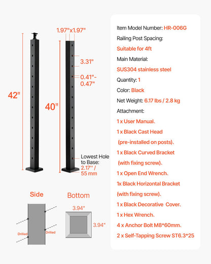 Cable Railing Post, 42x2x2 Inch Stair Railing Post, with Pre-Drilled 30° Angled Holes, Stainless Steel Cable Rail Post with Horizontal and Curved Bracket, 1-Pack, Black, 1JZLGZXHS106W3XAA001V0