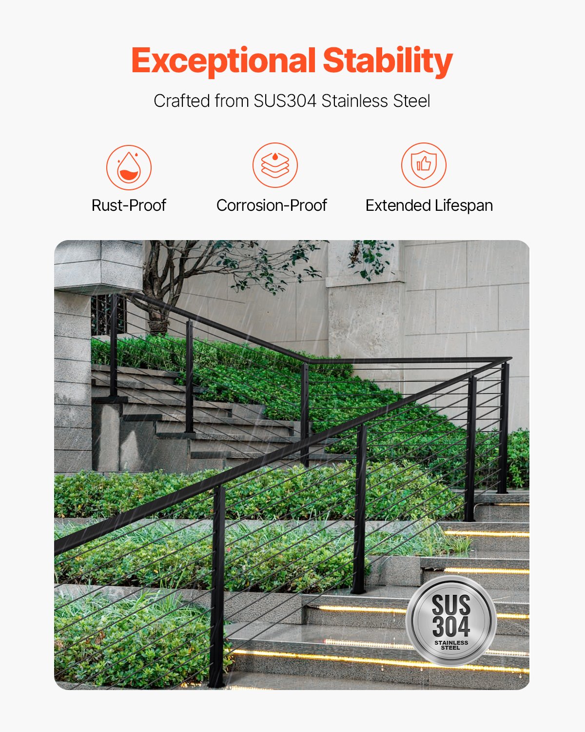 Cable Railing Post, 36x1x2 Inch Stair Railing Post, with Pre-Drilled 30° Angled Holes, Stainless Steel Cable Rail Post with Horizontal and Curved Bracket, 1-Pack, Black, 1JZLGZXHS91402OS1001V0