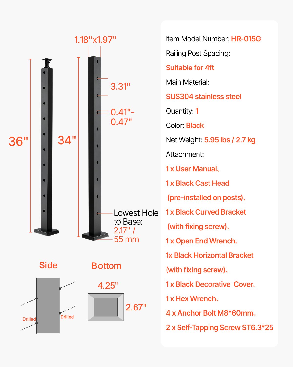 Cable Railing Post, 36x1x2 Inch Stair Railing Post, with Pre-Drilled 30° Angled Holes, Stainless Steel Cable Rail Post with Horizontal and Curved Bracket, 1-Pack, Black, 1JZLGZXHS91402OS1001V0