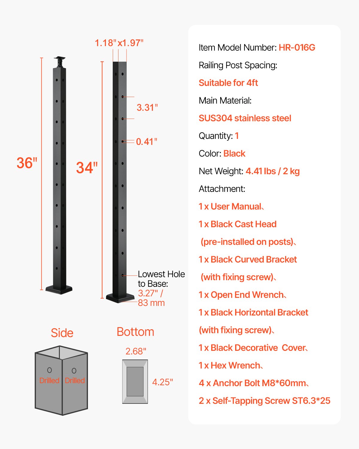 Cable Railing Post, 36x1x2 Inch Corner Railing Post, with L-Shaped Pre-Drilled Holes, Stainless Steel Cable Rail Post with Horizontal and Curved Bracket, 1-Pack, Black, 1JZLGZXHS914IVCFL001V0