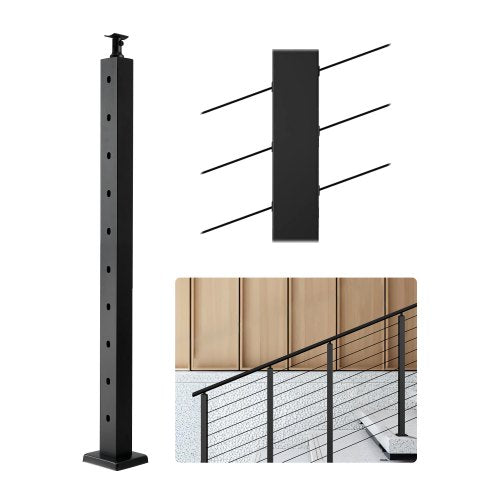 Cable Railing Post, 36x2x2 Inch Stair Railing Post, with Pre-Drilled 30° Angled Holes, Stainless Steel Cable Rail Post with Horizontal and Curved Bracket, 1-Pack, Black, 1JZLGZXHS914YIVIS001V0