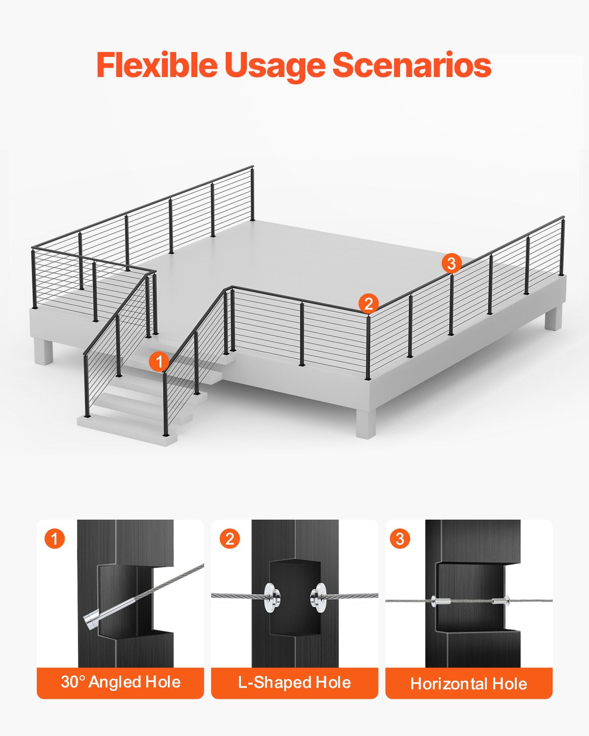 Cable Railing Post, 36x2x2 Inch Stair Railing Post, with Pre-Drilled 30° Angled Holes, Stainless Steel Cable Rail Post with Horizontal and Curved Bracket, 1-Pack, Black, 1JZLGZXHS914YIVIS001V0
