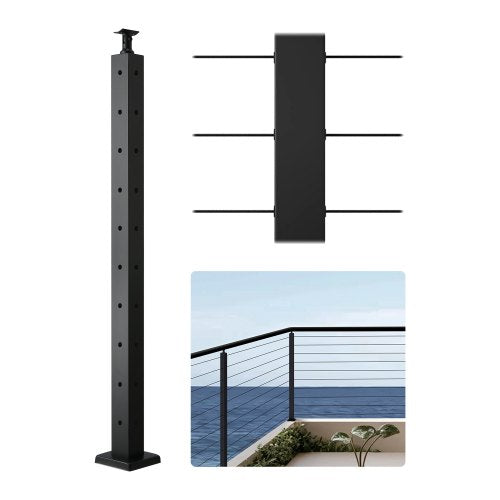 Cable Railing Post, 914.4 x 50.8 x 50.8 mm Corner Railing Post, with L-Shaped Pre-Drilled Holes, Stainless Steel with Horizontal and Curved Bracket, 1-Pack, Black, 1JZLGZXHS914ZPBNY001V0