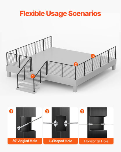 Cable Railing Post, 914.4 x 50.8 x 50.8 mm Corner Railing Post, with L-Shaped Pre-Drilled Holes, Stainless Steel with Horizontal and Curved Bracket, 1-Pack, Black, 1JZLGZXHS914ZPBNY001V0