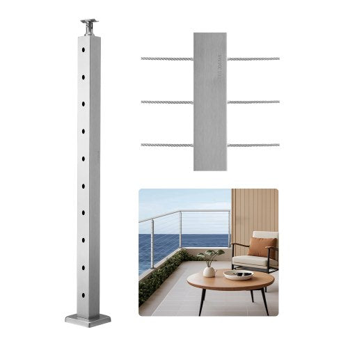 1-Pack Cable Railing Post, 36x2x2 In Horizontal-Hole Deck Railing Post with Pre-Drilled Holes, Stainless Steel Cable Rail Post with Horizontal and Curved Bracket, Silver, 1JZLGZXYS91466KZK001V0