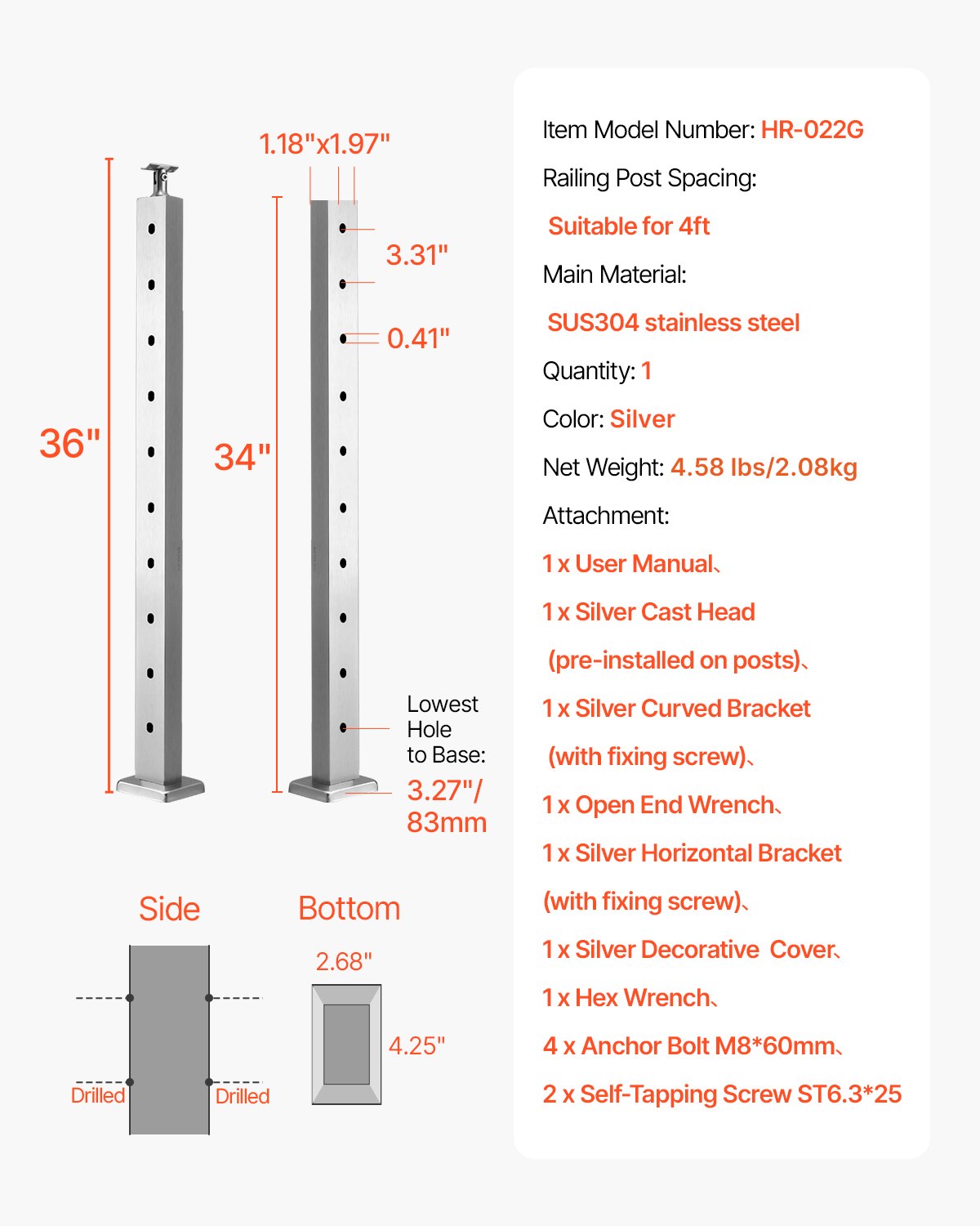 Cable Railing Post, 36x1x2 Inch Level Deck Stair Posts, 1-Pack Stainless Steel Cable Handrail Post, Pre-Drilled Pickets with Mounting Bracket Stair Railing Kit, Silver, 1JZLGZXYS914I4BDB001V0