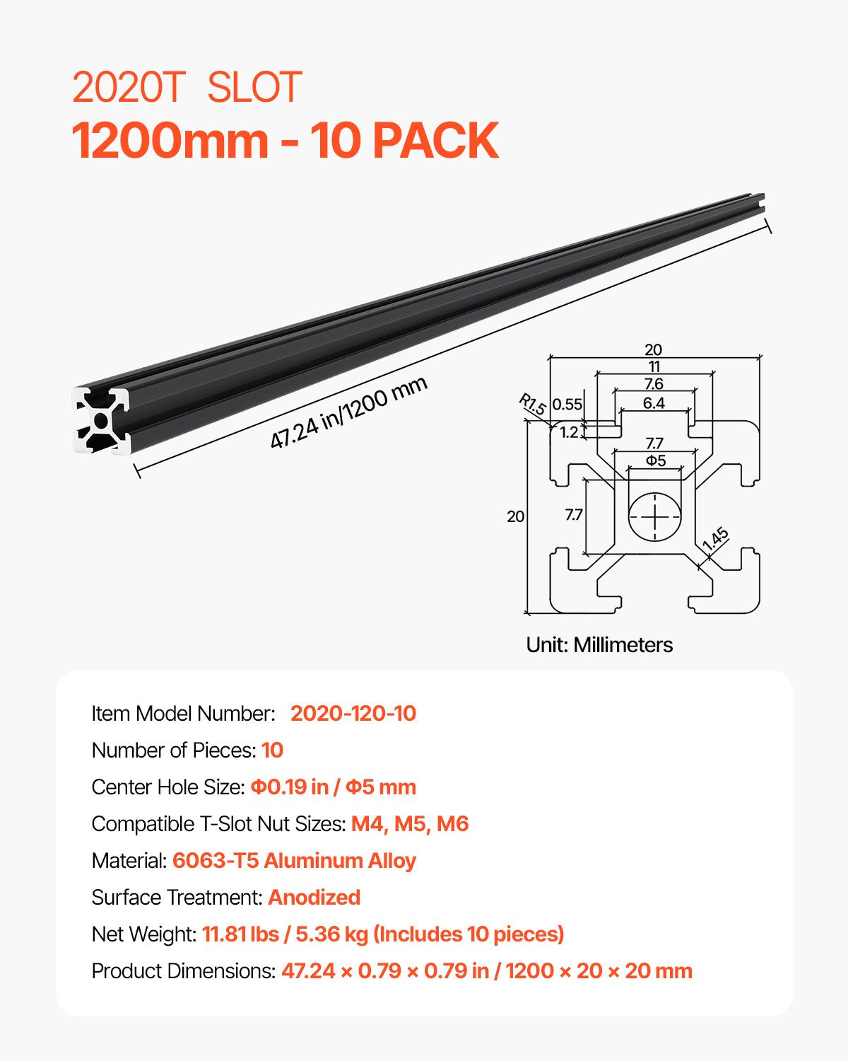 10PCS 47.2 in (1200mm) T Slot 2020 Aluminum Extrusion Profile, European Standard Anodized Linear Rail, High-Strength Extruded Aluminum Rail for 3D Printer, CNC Machine DIY, Laser Engraving, Black