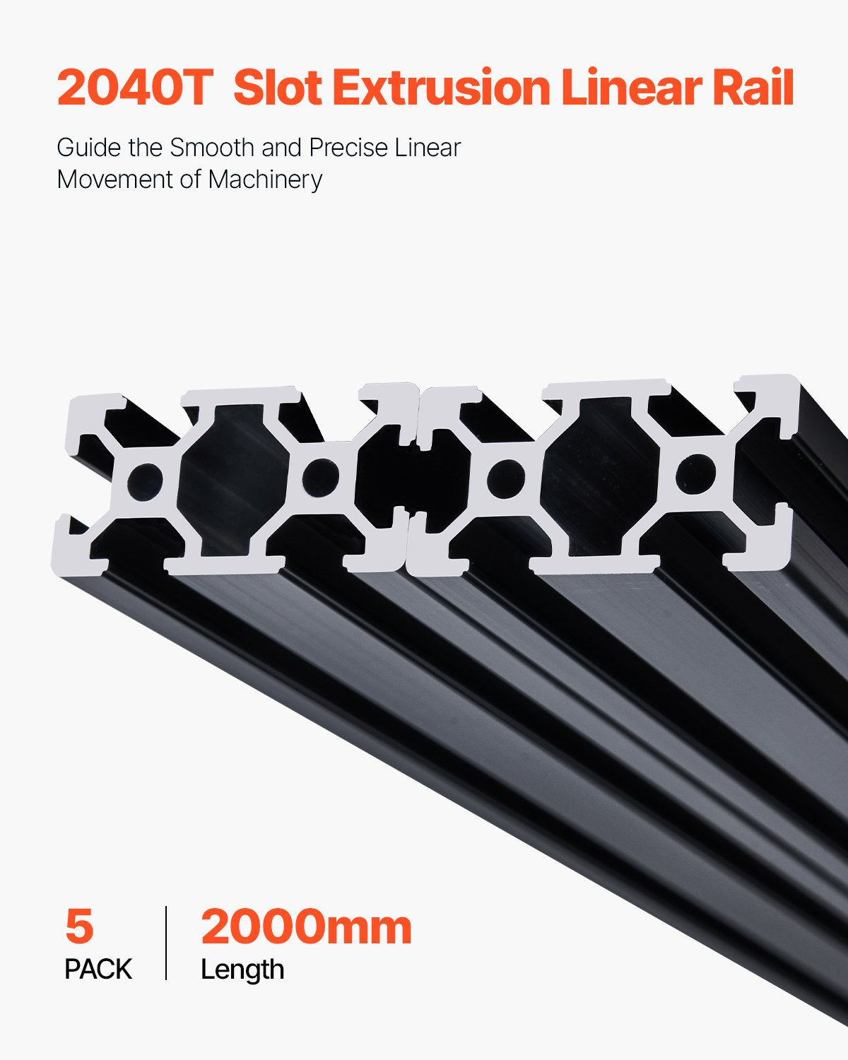 5PCS 78.7 in (2000mm) T Slot 2040 Aluminum Extrusion Profile, European Standard Anodized Linear Rail, High-Strength Extruded Aluminum Rail for 3D Printer, CNC Machine DIY, Laser Engraving, Black