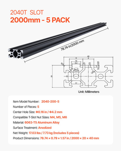 5PCS 78.7 in (2000mm) T Slot 2040 Aluminum Extrusion Profile, European Standard Anodized Linear Rail, High-Strength Extruded Aluminum Rail for 3D Printer, CNC Machine DIY, Laser Engraving, Black