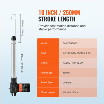 24V Linear Actuator Kit 25.4 cm 2.5 cm/s 99.8 kg/1000N with IP44 Protection