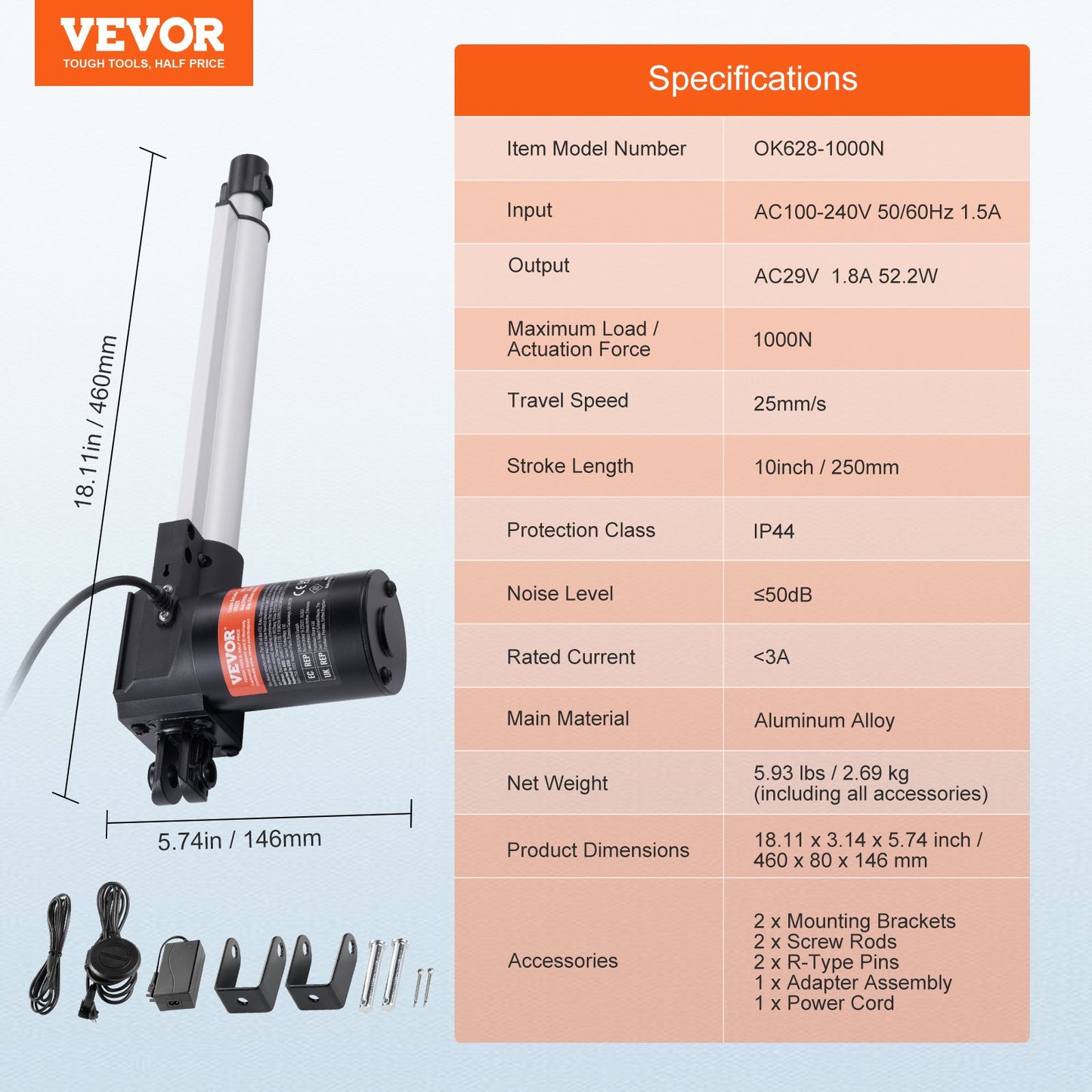 24V Linear Actuator Kit 25.4 cm 2.5 cm/s 99.8 kg/1000N with IP44 Protection